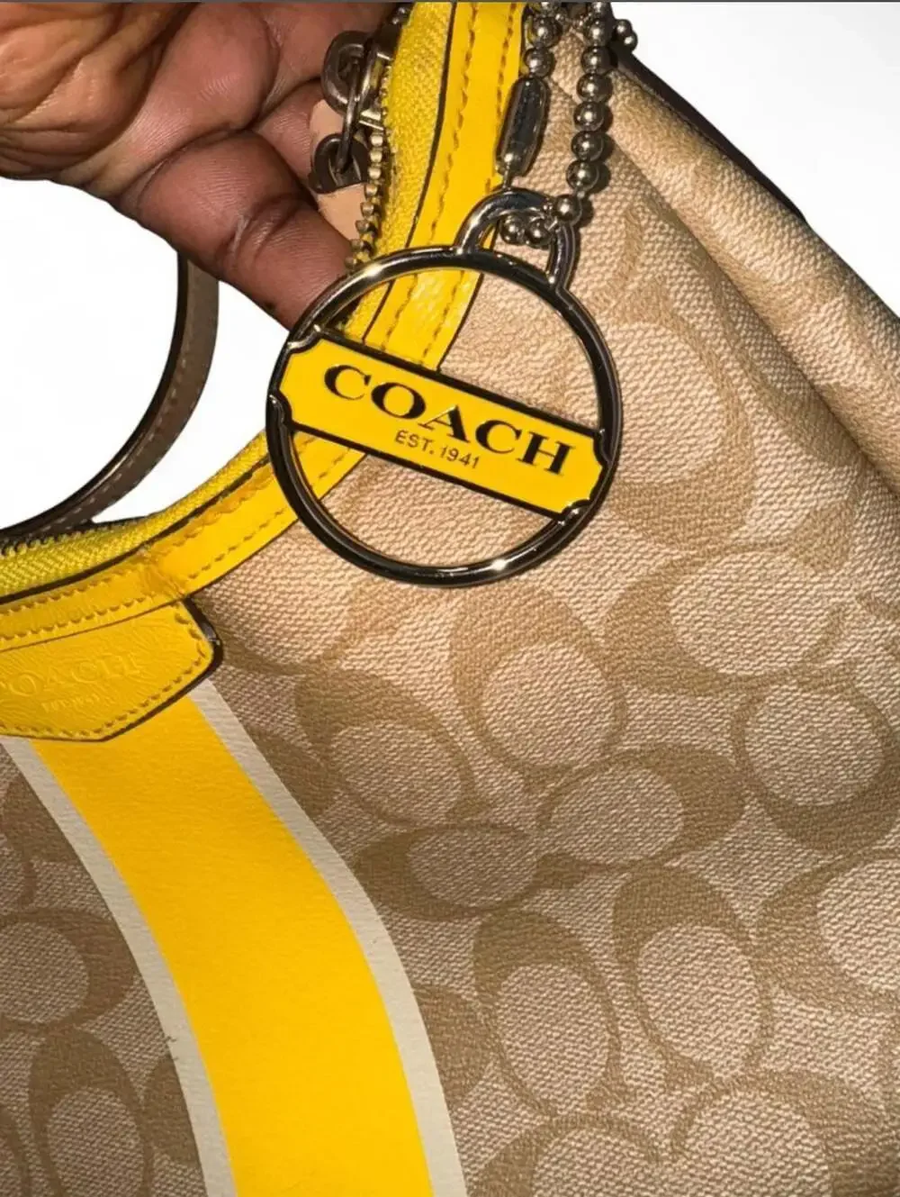Coach Signature Stripe Eva Small Hobo Bag Beige and Yellow F29942